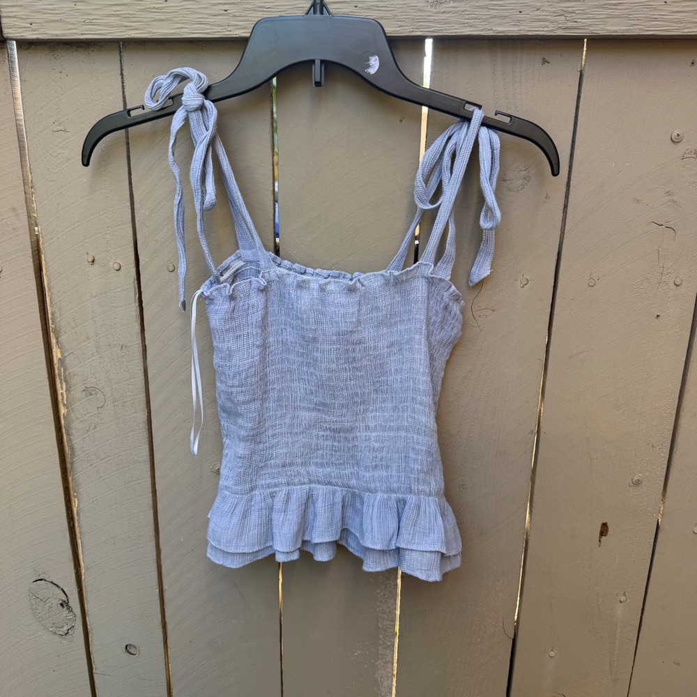 Princess Polly 0 Crop Top Blue Smocked Tie Shoulder Ruffle coquette cottage